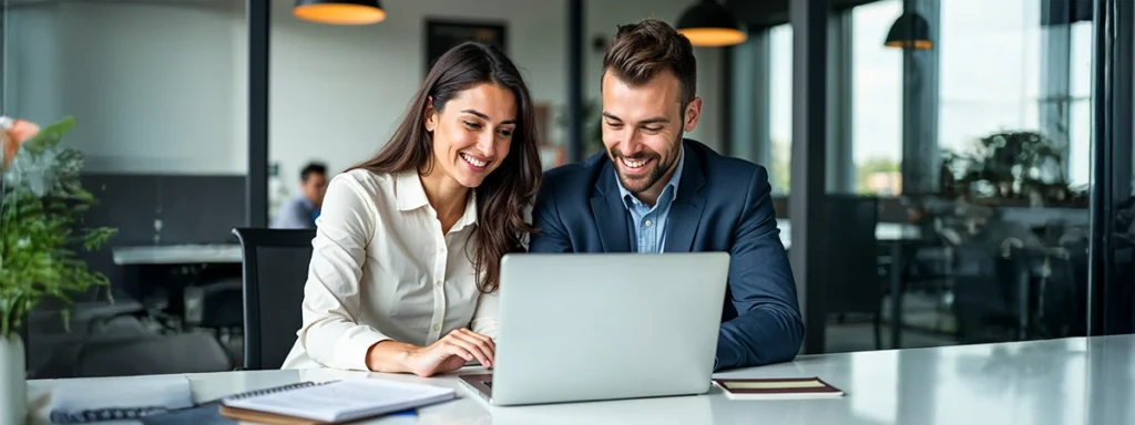 happy couple working together on laptop